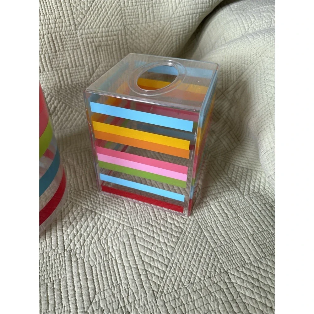 Clear Acrylic Rainbow Stripe Wastebasket Tissue Box Cover Bathroom Set
